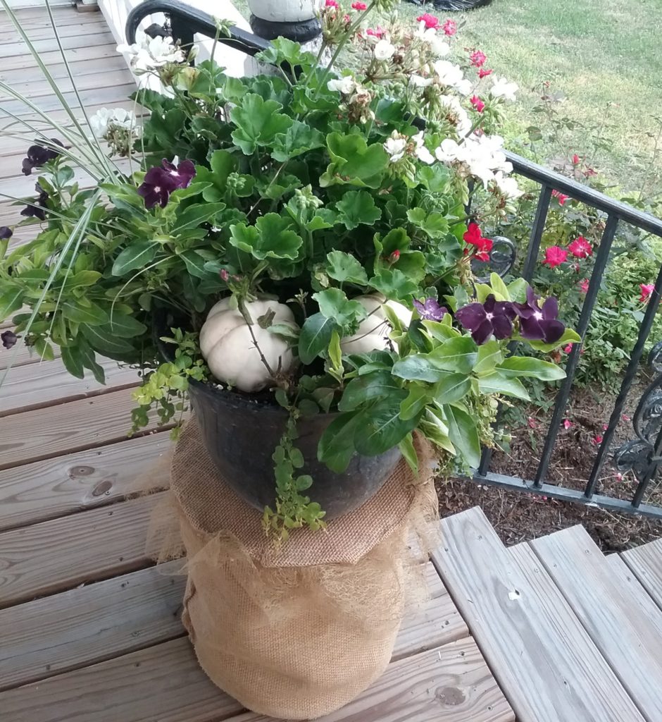 Late Summer Patio Pot on a Burlap Stand