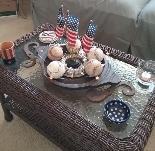 Trio of Flags with baseballs on a wooden tray
