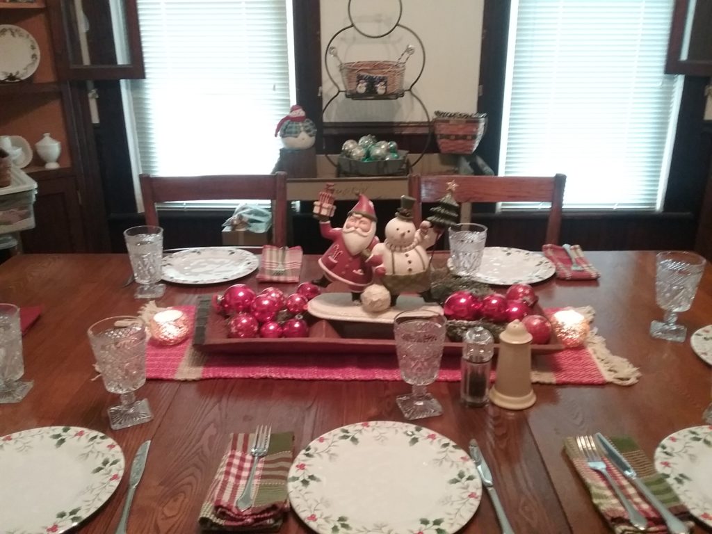 Farmhouse dining room table set for Christmas