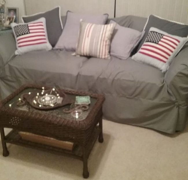 Slipcovered couch with Patriotic accents
