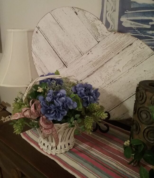 Blue Hydrangea in vintage white basket