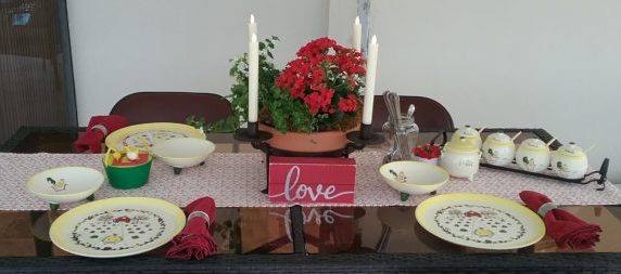 table set with three place settings of California Farmhouse dishes