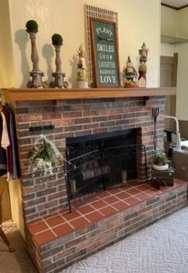garden gnome vignette farmhouse fireplace