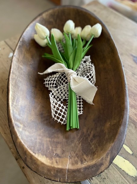 simple hand tied tulips in dough bowl