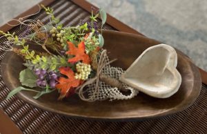 Autumn Dough bowl arrangement accented with wooden heart shaped bowl