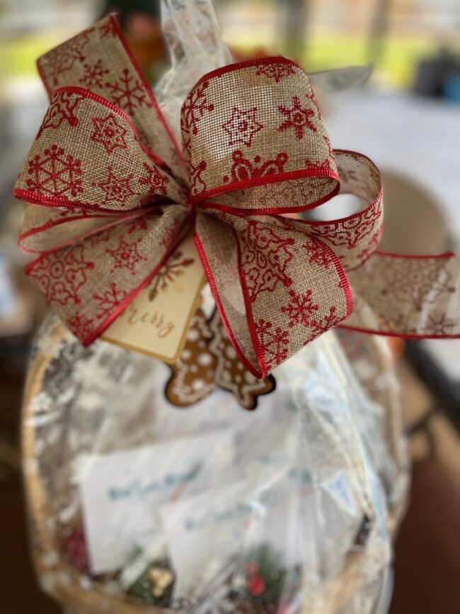 burlap Christmas ribbon bow on gift basket