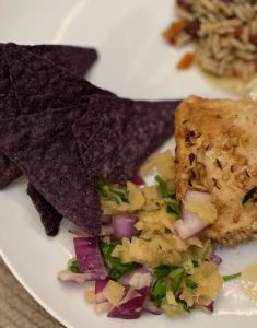 Pineapple Salsa with blue corn chips & chicken
