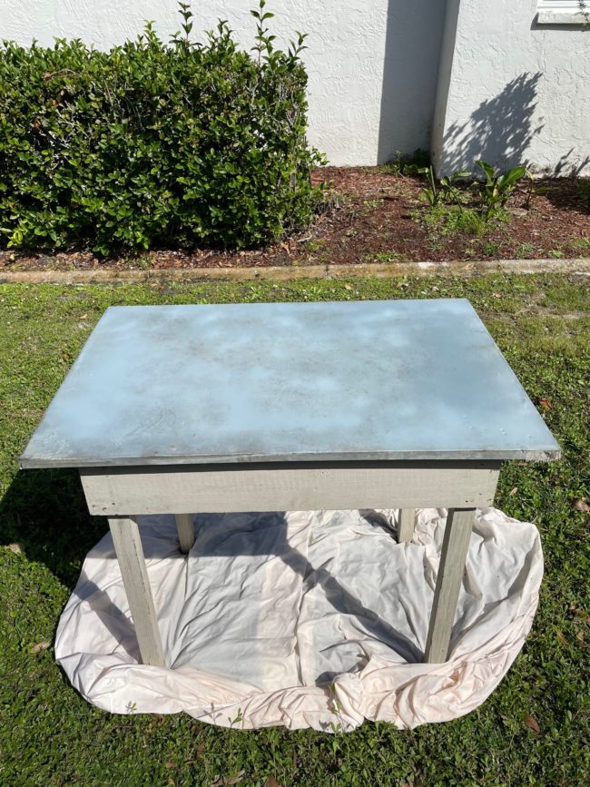 potting bench with 1 coat of spray paint