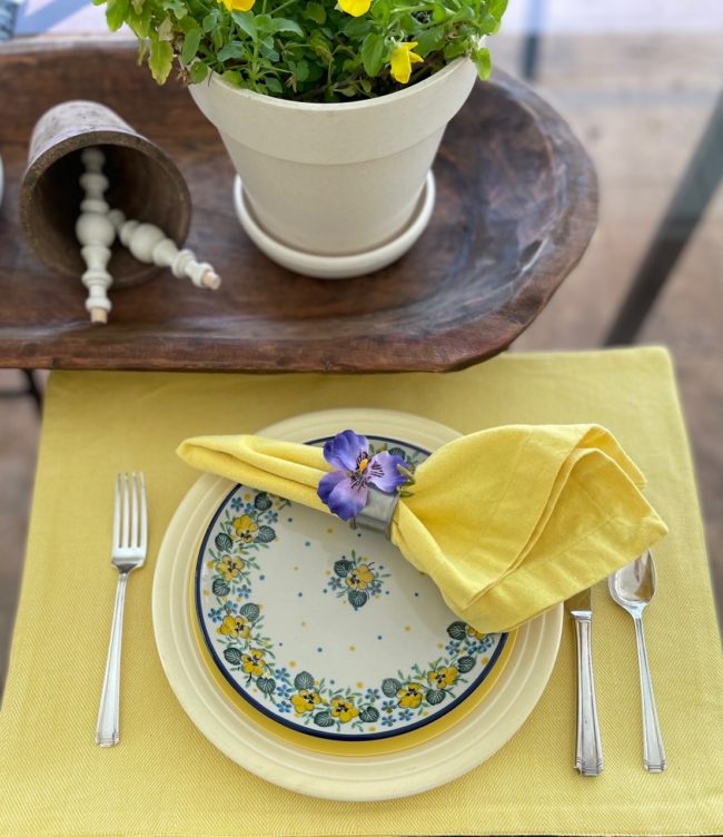 yellow pansy plates with a bright yellow placemat