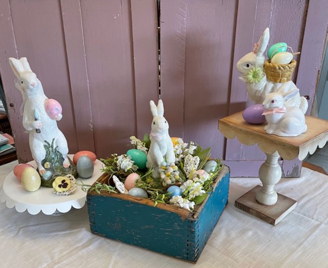 Easter vignette with bunnies and eggs