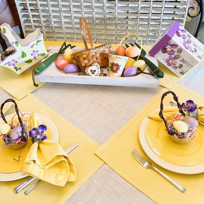 Yellow & Purple themed whimsical Easter Tablescape