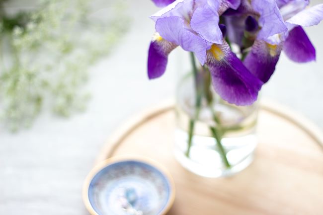 vase with a trio of purple iris
