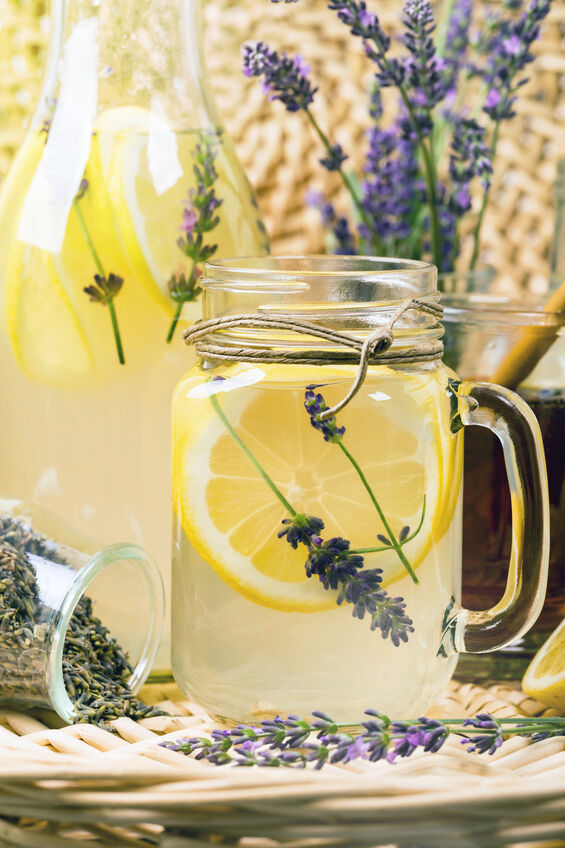Lavender Lemonade in mug with lemons