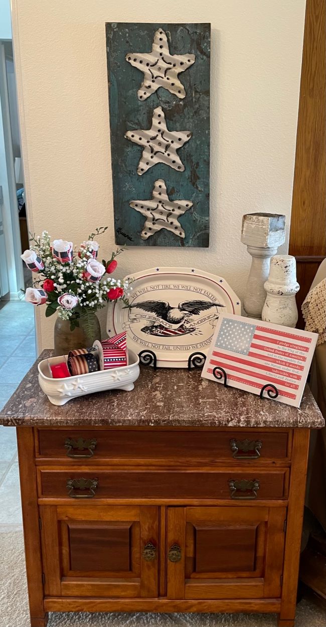 marble topped cabinet decorated for the 4th of July