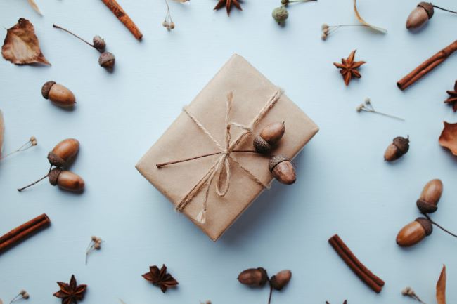 brown paper package with acorns