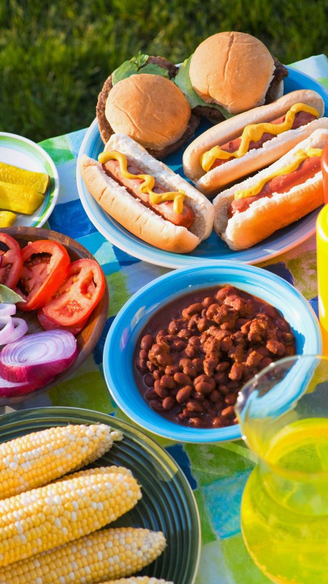 hot dogs, hamburgers & baked beans