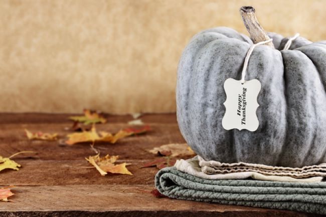 blue gray heirloom pumpkin with Happy Thanksgiving tag