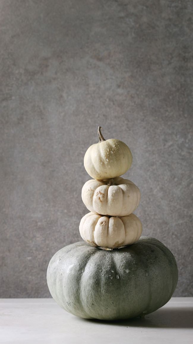 three white mini pumpkins stacked on top of a heirloom pumpkin