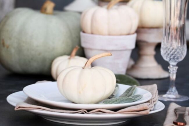 neutral place setting for Autumn with white dishes