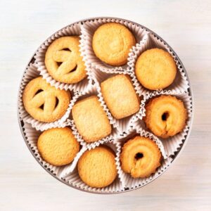 assorted butter cookies in a tin