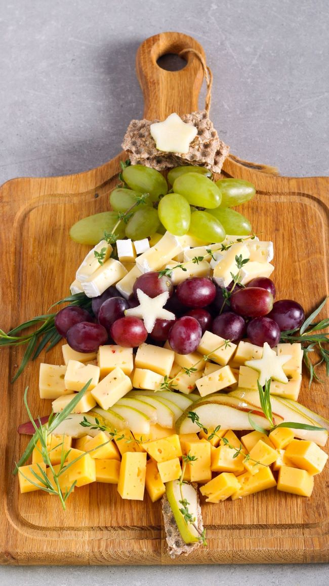 Christmas tree shaped cheese and fruit board