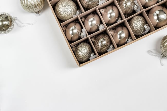 glass ornaments in a box