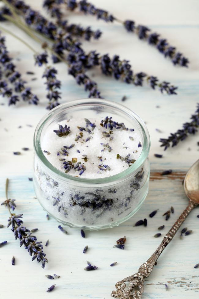 small glass container of lavender sugar