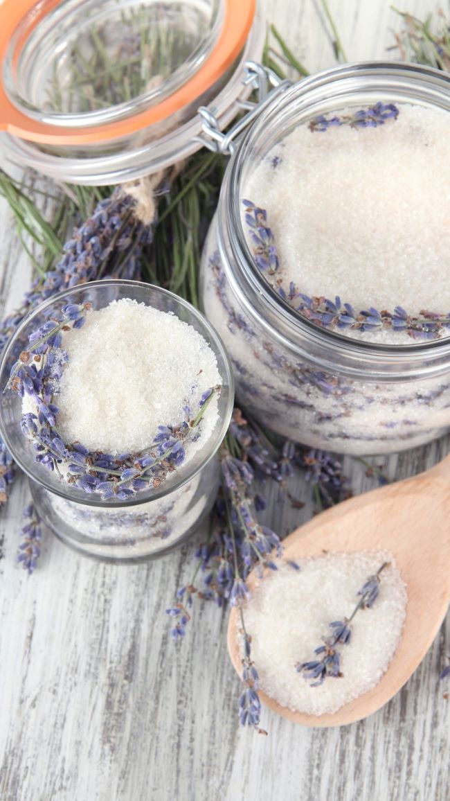 glass container with lavender sugar