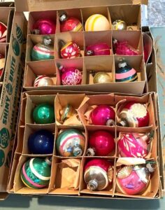two boxes of smaller vintage glass ornaments
