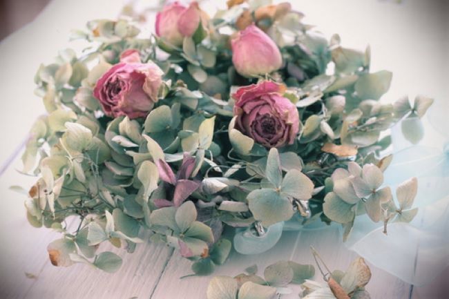 blue grey hydrangea with small pink roses nestled on top of it