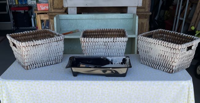 three thrifted baskets with one coat of chalk paint