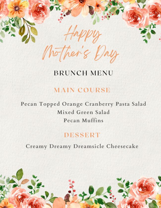 Brunch menu for Mother's Day with orange and peach flowers around edge