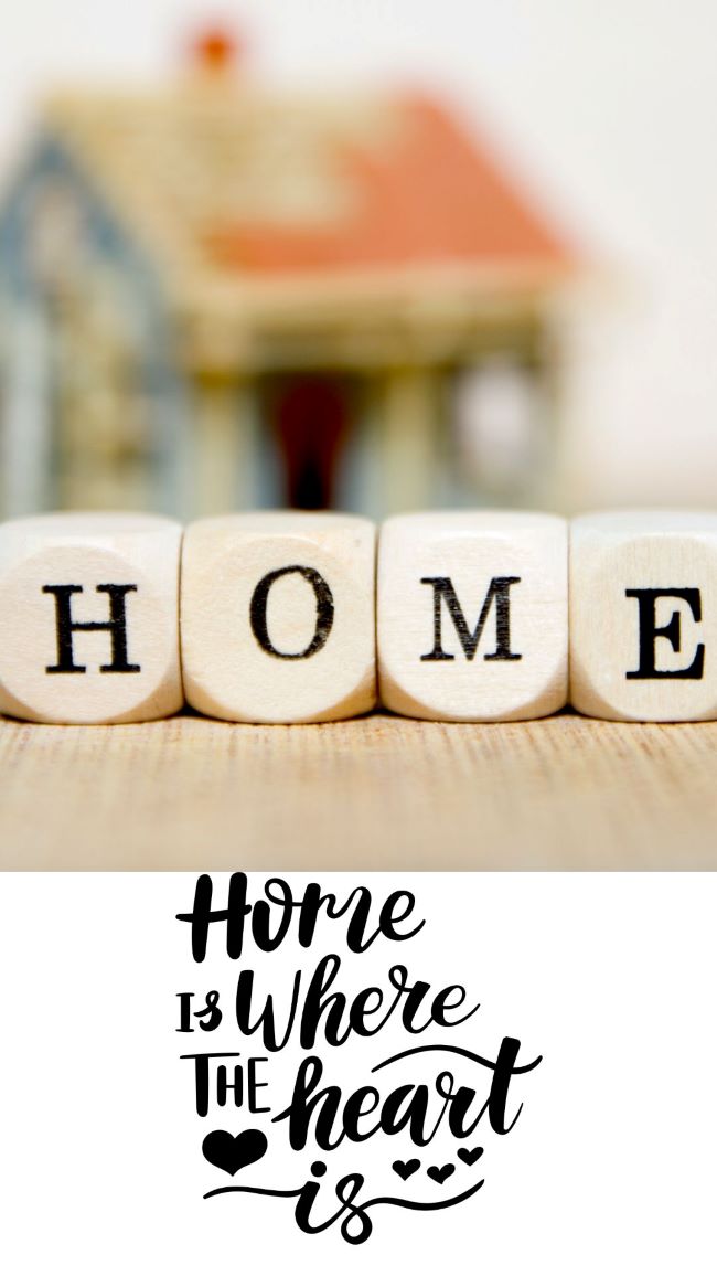 scrabble tiles spelling out Home in front of a small house. Home is Where the Heart is written under photo