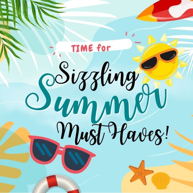 whimsical Summer logo with sun, sunglasses & shells