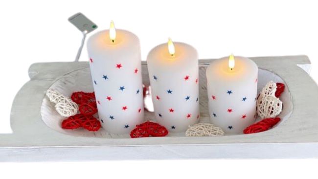 trio of battery candles in a white dough bowl, accented with rattan hearts