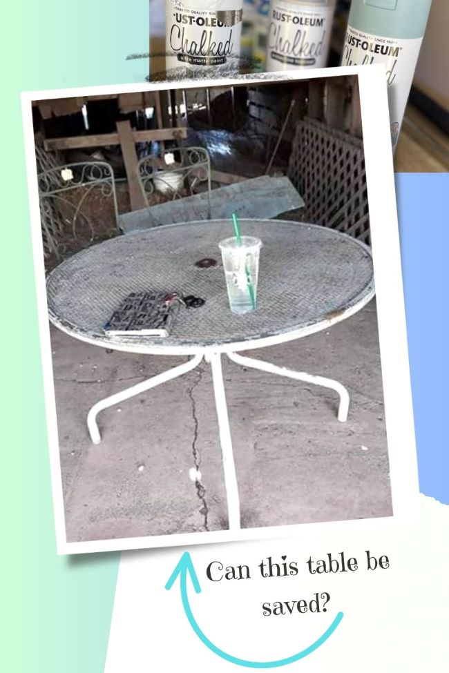 picture of vintage mesh patio table with chalk paint spray paint in the background