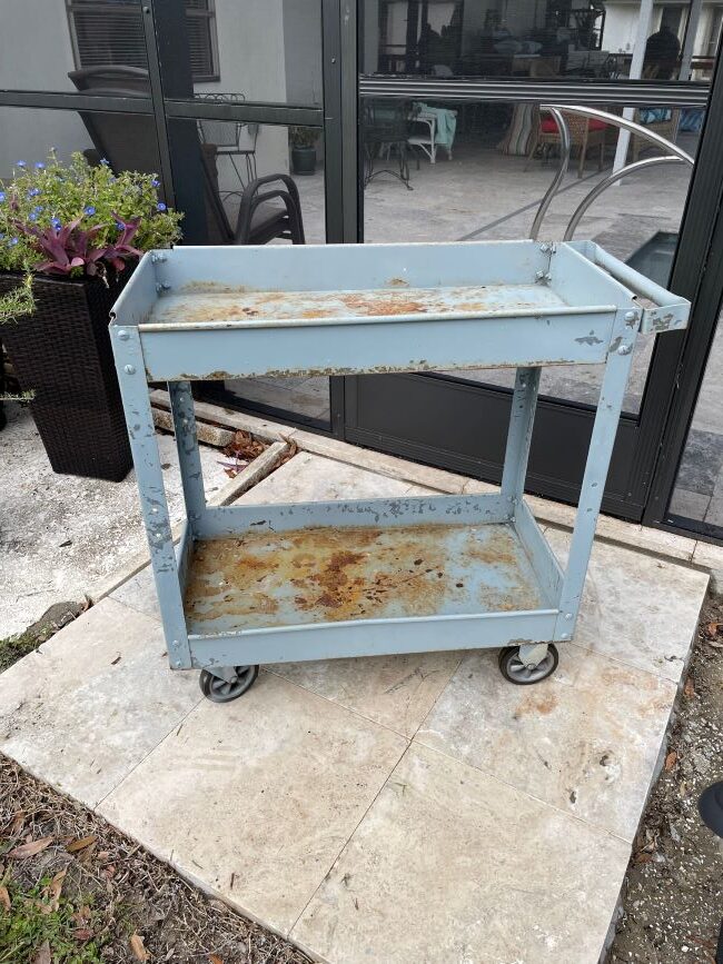 metal industrial cart on wheels, cleaned, sanded and ready to paint