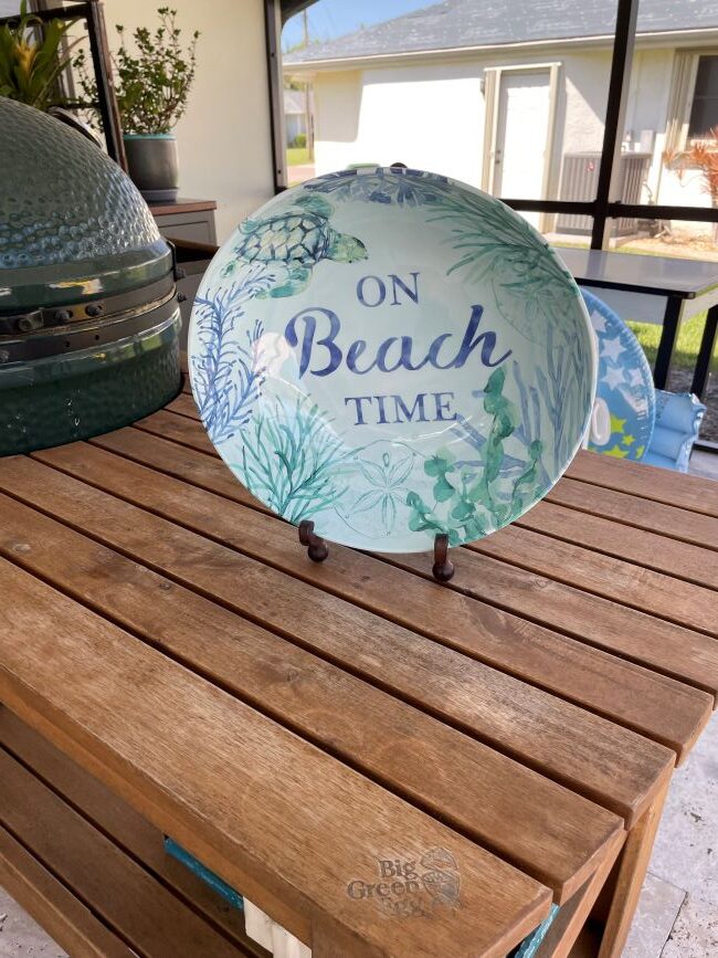 large melamine bowl with a coastal theme. The words "On Beach Time" are written on the bowl