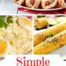 a collage of food items for a simple backyard BBQ: hot dogs, potato salad & corn on the cob