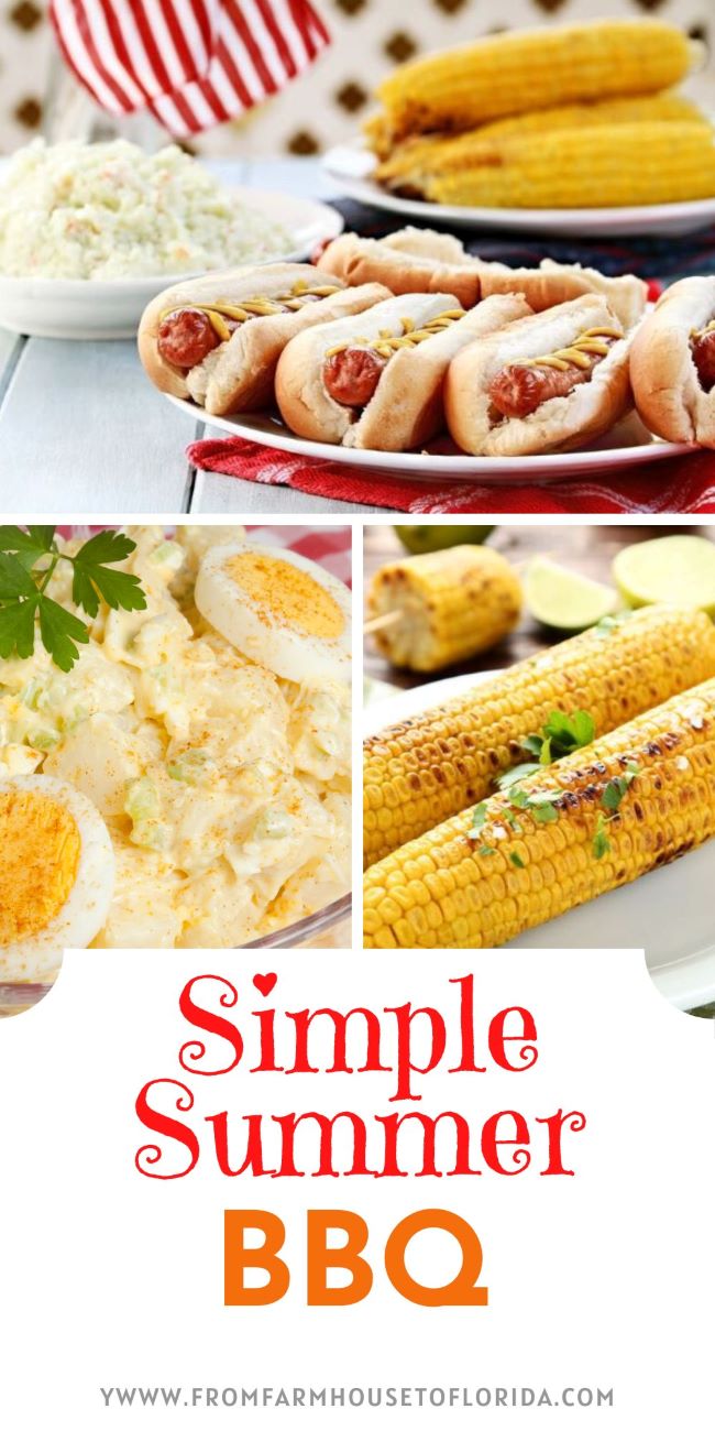 a collage of food items for a simple backyard BBQ: hot dogs, potato salad & corn on the cob