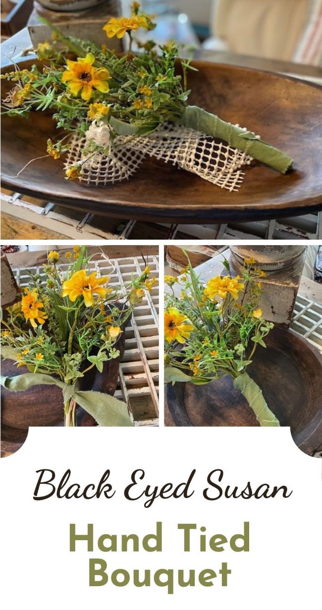 collage of photos of hand tied black eyed susan bouquet