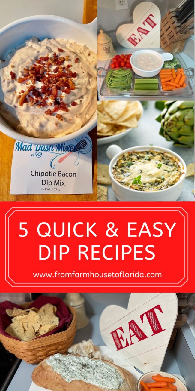 collage of quick & easy dips to prepare for a celebration