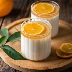 glass jars filled with lemon verbena panna cotta topped with lemon honey syrup