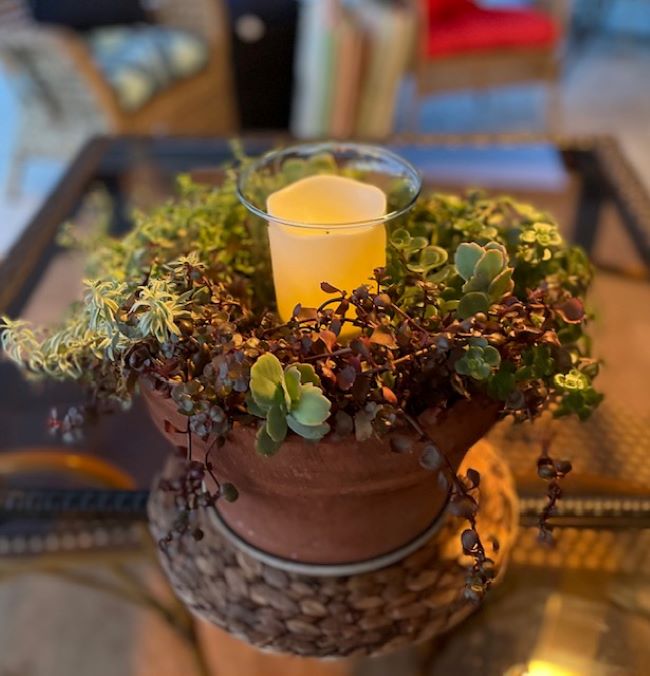 succulent centerpiece with battery candle. placed on a glass topped patio table