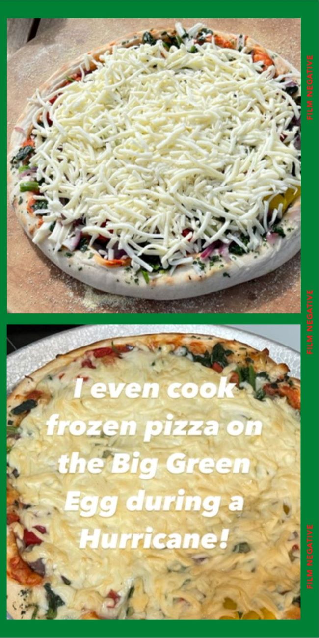 before and after of frozen pizza prepared on an outdoor grill