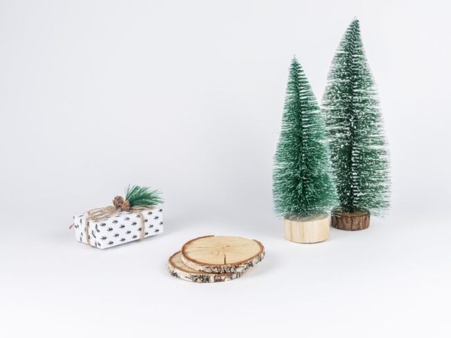 pair of bottle brush trees, two small wood slices and a tiny Christmas package