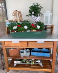 winter themed potting bench