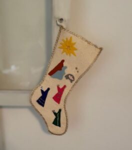 vintage Christmas stocking with a Navity scene