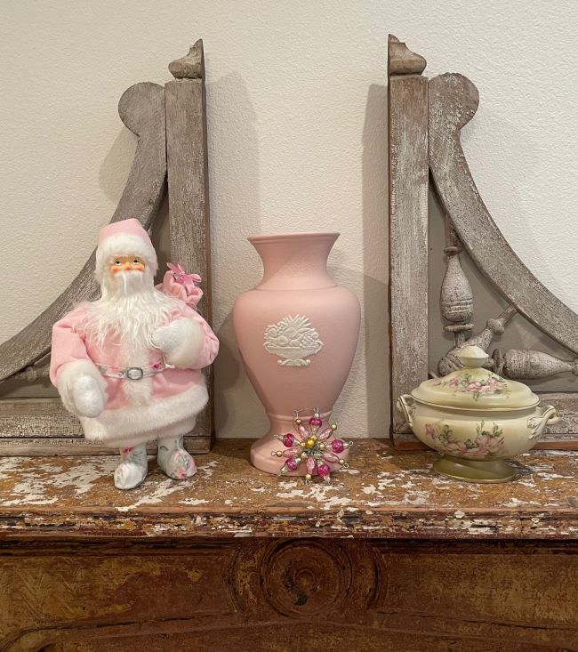 close up of pink Santa, pink Bement pottery and a Nippon compote