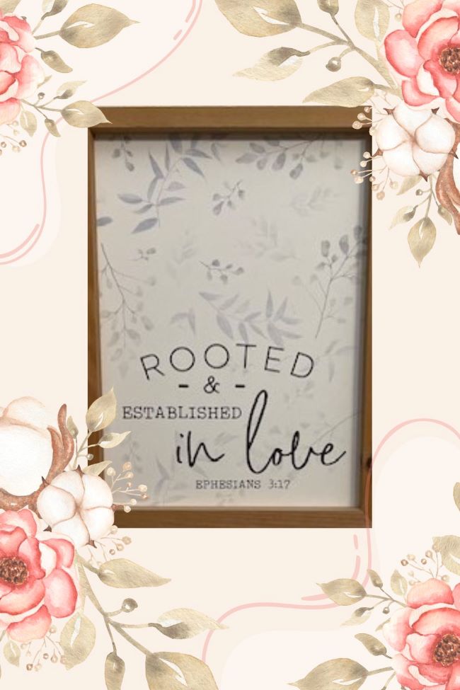 peach rose border surrounding a sign with Rooted & Established in love